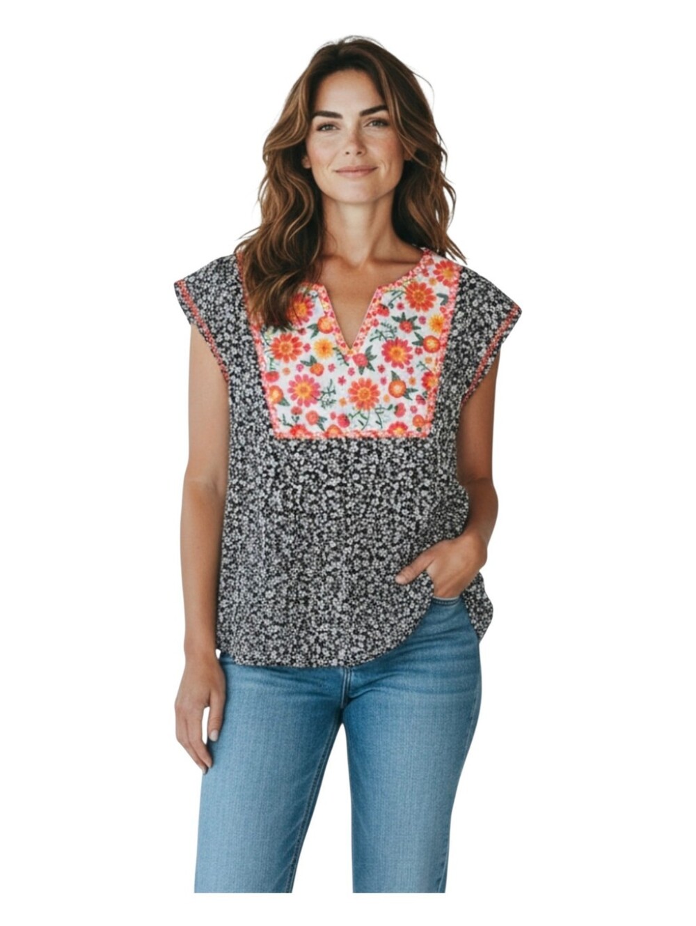Savannah Jane Womens Floral Embroidered Cap Sleeve Contrast Blouse Size Large